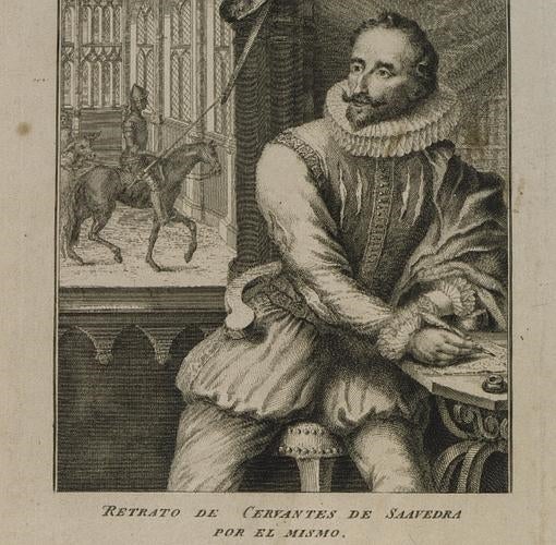 Grabado de un retrato según los datos aportados por Cervantes en sus «Novelas ejemplares»