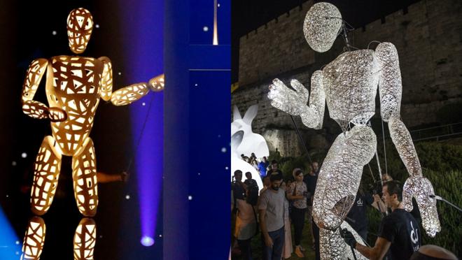 Paco, a la izquierda, en el escenario de Eurovisión. Dundu, a la derecha, recorriendo las calles de Jersulaén