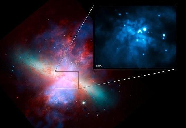 El agujero negro intermedio M82-X1 es el punto más luminoso en el rectángulo