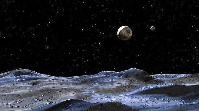 Plutón, el disco grande en el centro, visto desde una de sus lunas