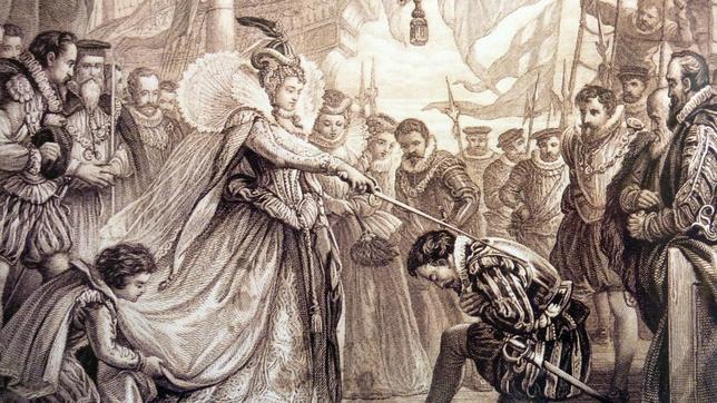 Grabado de la época donde la Reina Isabel I nombra caballero al corsario Francis Drake