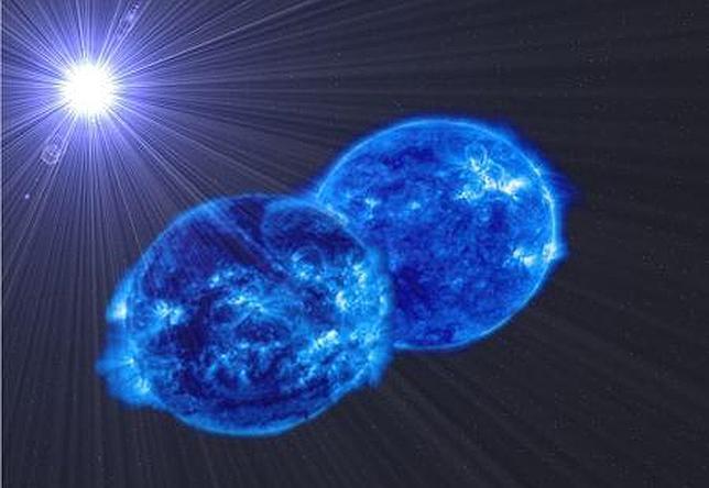 Representación artística del sistema MY Cam. Las estrellas están deformadas por su rapidísima rotación y la atracción gravitatoria de la compañera