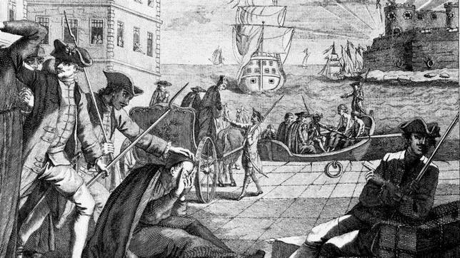 Ilustración que muestra a un grupo de jesuitas siendo embarcado para su expulsión