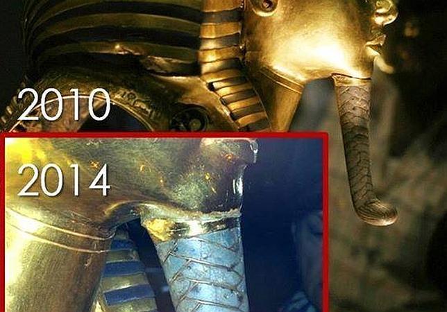 Montaje del antes y después de la resina aplicada indebidamente a la barba rota de la máscara de oro