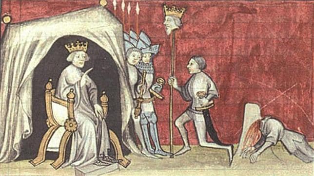 Ilustración medieval que muestra la cabeza del Rey Pedro I clavada en una pica
