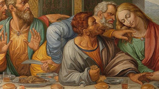 Judas derrama la sal con el brazo en el mosaico copiado por Giacomo Raffaelli de «La Última Cena» de Leonardo da Vinci