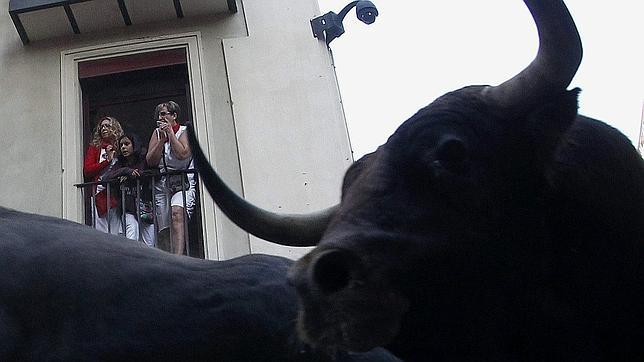 Uno de los toros en el encierro matinal