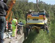 Miembros del operativo de rescate observan el estado del autobús después de precipitarse por un terraplén. Efe