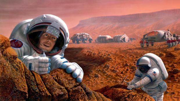 Recreación de astronautas trabajando en Marte