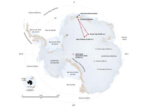 Ruta prevista de la expedición. Partirá de una base rusa, viajará hasta el Domo Fuji y volverá
