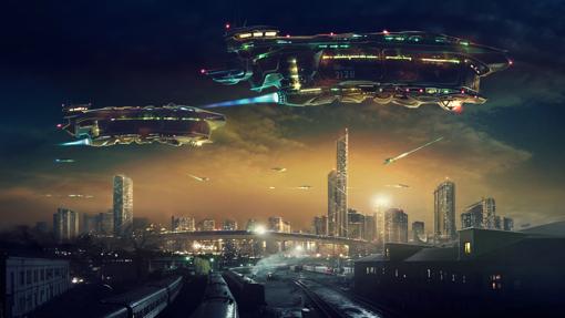 Paisaje de fantasía, con dos grandes naves espaciales en el cielo
