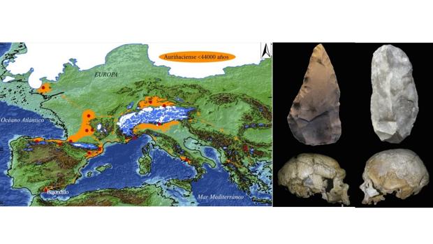 En naranja, lugares donde se han hallado restos de la cultura auriñaciense (derecha), de los cromagnones, que «sustituyeron» a los neandertales. Se pensaba que al sur de España estos últimos habían pervivido más tiempo