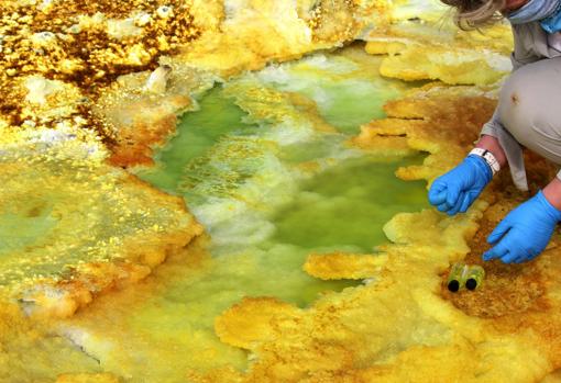 Recogida de muestras en piscinas ricas en cobre situadas entre depósitos de sulfatos