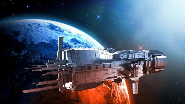 Concepto de nave espacial en un sistema solar lejano