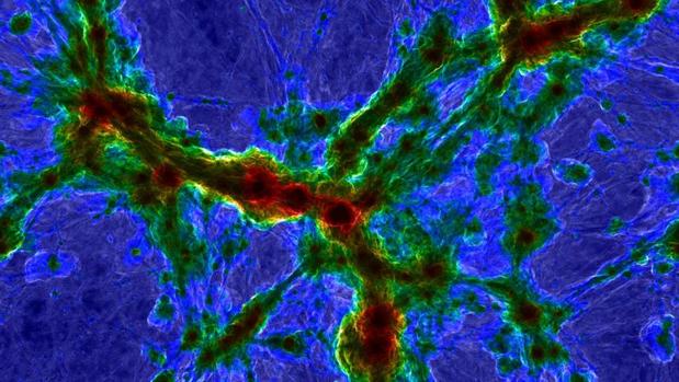 Simulación de un cúmulo de galaxias. Los centros galácticos, en rojo, están más calientes. Las partes brillantes corresponden a halos de gas difuso