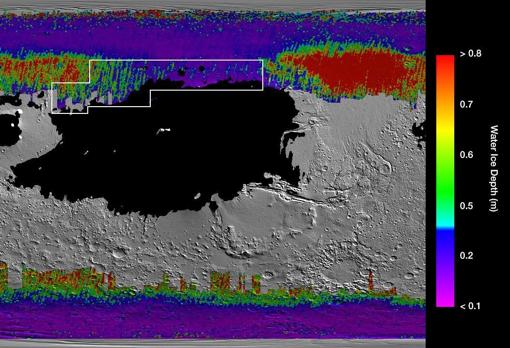 Mapa con la distribución del hielo subterráneo de Marte. En morado y azul, el más próximo a la superficie. En rojo, el más profundo