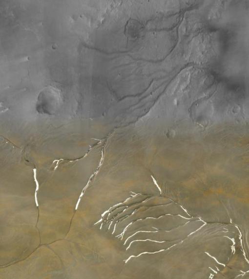 Collage que muestra los valles Maumee de Marte (mitad superior) superpuestos con canales en la isla Devon en Nunavut (mitad inferior). La forma de los canales, así como la red general, parece casi idéntica.