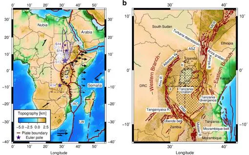 El mapa muestra dónde las placas tectónicas se unen en el este de Africa