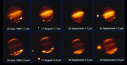 Esta imagen, tomada con el telescopio MPG/ESO de 2,2 metros y el instrumento IRAC, muestra al cometa Shoemaker Levy 9 impactando sobre Júpiter en julio de 1994