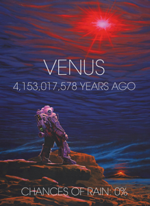 An artist's view of the surface and atmosphere of Venus early, more than 4 billion years ago. In the foreground, a mysterious explorer is surprised to see the oceans completely vaporized in the sky