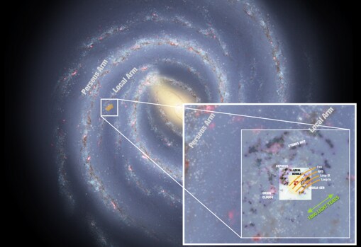 Mapa de la galaxia que muestra la situación y el tamaño del túnel magnético recién detectado