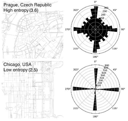 Comparison of the complexity (and entropy) of two large cities, Prague and Chicago.  The circles on the right show the number of branches with given angles: almost all the angles are represented in Prague, while the Chicago crossing is almost all at right angles.