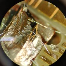 One of the diamond samples.  Gold structures on diamond surface enable quantum processor control