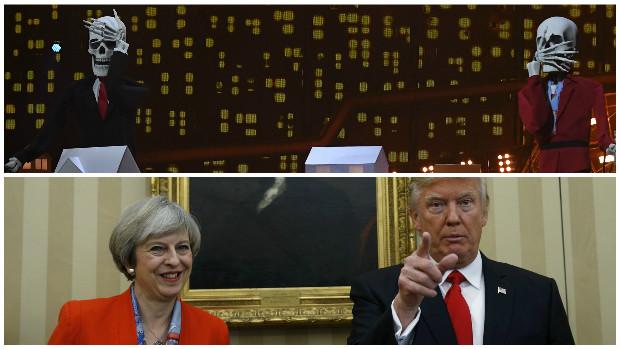 Arriba, detalle de la actuación de Katy Perry; abajo, May y Trump, juntos en la Casa Blanca