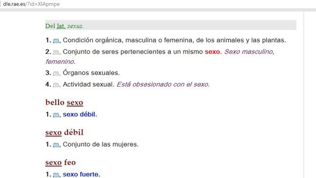 Pantallazo con la definición actual que el Diccionario da al término «sexo débil»: Conjunto de las mujeres