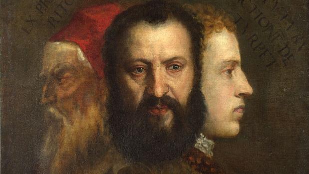 Alegoría del Tiempo gobernado por la Prudencia (c. 1565-70), con retratos de Orazio Tiziano, su joven nieto Marco Vecellio y el propio pintor en edad avanzada
