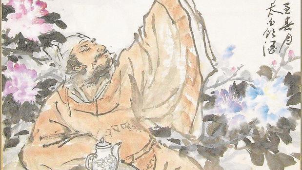 Dibujo tradicional sobre el poema de Li Bai, brindando con la Luna y su sombra