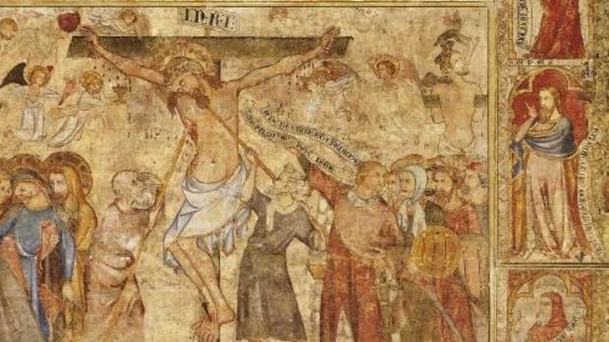 El profeta Ezequiel, a la derecha de la crucifixión en la pintura mural gótica del refectorio de la catedral de Pamplona