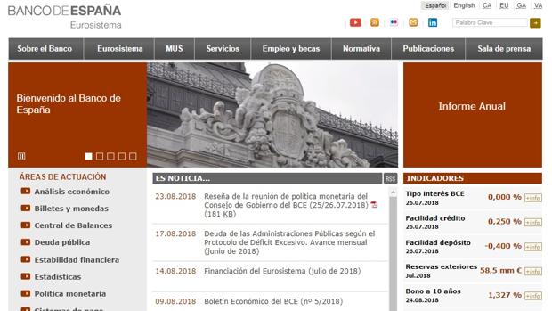 Captura de pantalla de la página web del Banco de España