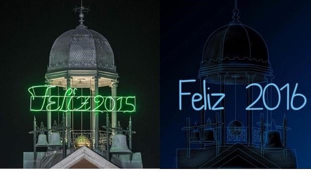 Foto facilitada por la Comunidad de Madrid que este año ha modernizado el cartel luminoso que da paso al año nuevo desde el reloj de la Puerta del Sol