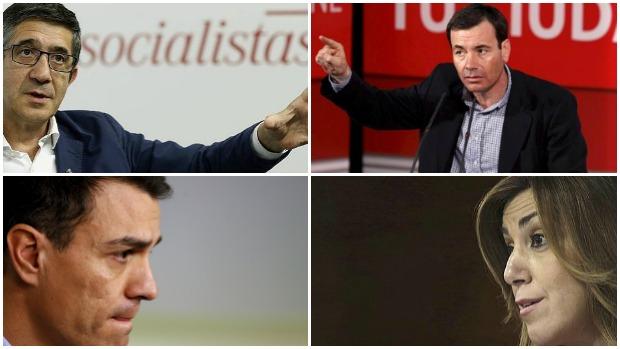 Patxi López y Pedro Sánchez (izquierda) y Tomás Gómez y Susana Díaz (derecha)