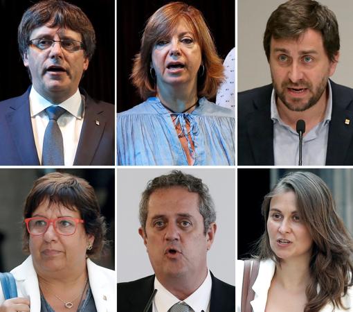 Los cinco exconsejeros que han viajado con él a Bruselas desde Marsella (Francia), y que ocupaban las carteras de Gobernación, Meritxell Borràs (c-arriba); Salud, Antoni Comín (d-arriba); Trabajo y Asuntos Sociales, Dolors Bassa (i-abajo): Interior, Joaquim Forn (c-abajo); y Agricultura, Ganadería, Pesca y Alimentación, Meritxell Serret (c-abajo).
