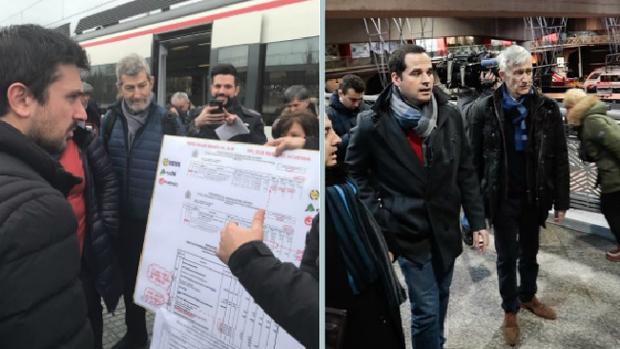 Izq., Ramón Espinar y Julio Rodríguez, exJEMAD, en la estación de Cercanías de Pinto. Dcha, Ignacio Aguado con Juan Rubio en Atocha, a punto de tomar el Cercanías