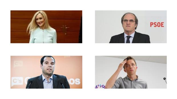 Arriba, Cifuentes, a la derecha, Gabilondo; abajo por la izquierda, Aguado, a la derecha, Errejón