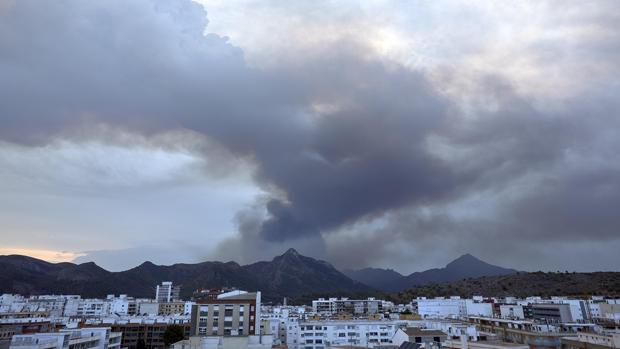 Columna de humo del incendio a los términos de Llutxent y Pinet vista desde Gandía