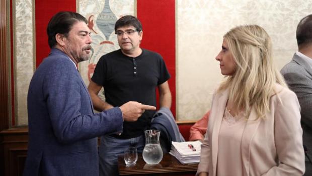 El alcalde y los portavoces del PSOE (Eva Montesinos) y Miguel Ángel Pavón (Guanyar) en el pleno del Ayuntamiento de Alicante