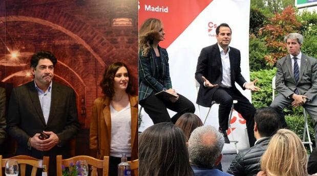 Isabel Díaz Ayuso con su equipo (izq.) y Aguado con Garrido (dcha)