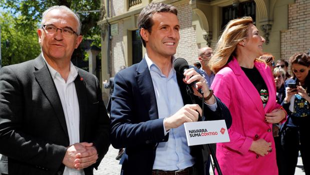 El presidente del PP, Pablo Casado, en un acto de campaña ayer en Pamplona