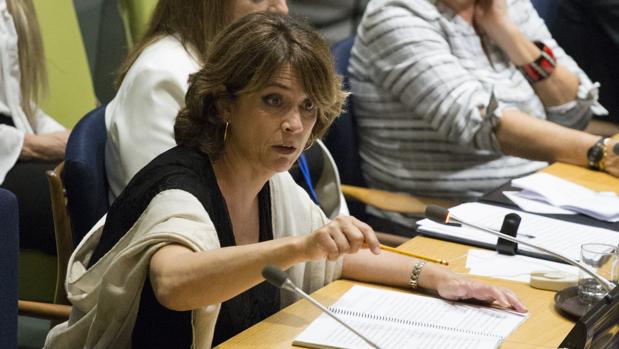 La ministra de Justicia en funciones, Dolores Delgado durante su participación en el seminario titulado el «Fortalecimiento del Estado de Derecho y de los derechos humanos para lograr sociedades pacíficas, justas e inclusivas» celebrado este lunes en la sede de las Naciones Unidas en Nueva York