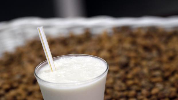 Imagen de un vaso de horchata rodeados de varias chufas