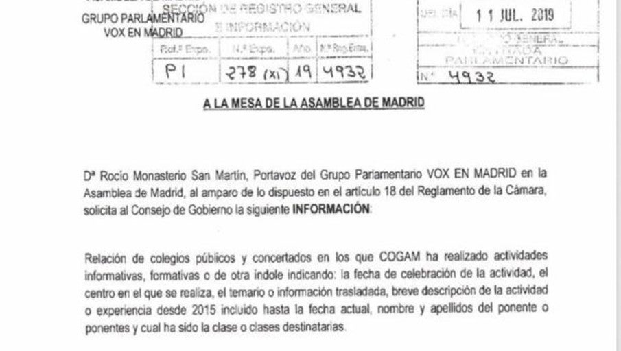 Vox pide un listado de colegios donde Cogam haya «realizado actividades informativas»