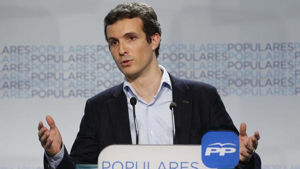 Pablo Casado, durante una rueda de prensa en la sede del PP