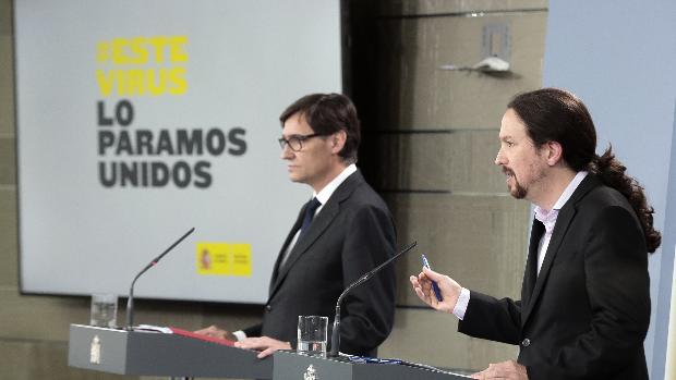 El vicepresidente del Gobierno, Pablo Iglesias, y el ministro de Sanidad, Salvador Illa, durante una rueda de prensa, la semana pasada