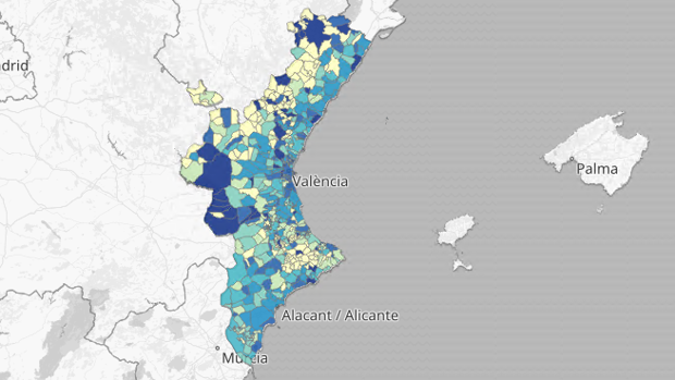 Mapa con el total de PCR positivas en la Comunidad Valenciana
