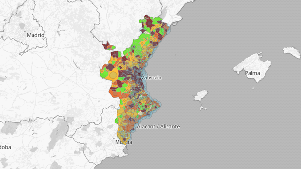 Mapa por municipios sobre la incidencia acumulada de coronavirus en la Comunidad Valenciana