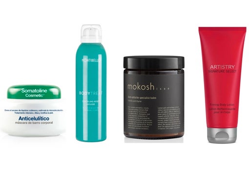 De izquierda a derecha: Anticelulítico Máscara de barro corporal de Somatoline (49,50 €); Booster reductor y anticelulítico Crackling Body Mousse de Montibello (29,90 €); Bálsamo anticelulítico Specialist Balm Vanilla &amp; Thyme de Mokosh Cosmetics (37 €); Loción corporal reafirmante Artistry Signature Select (51,50 €).